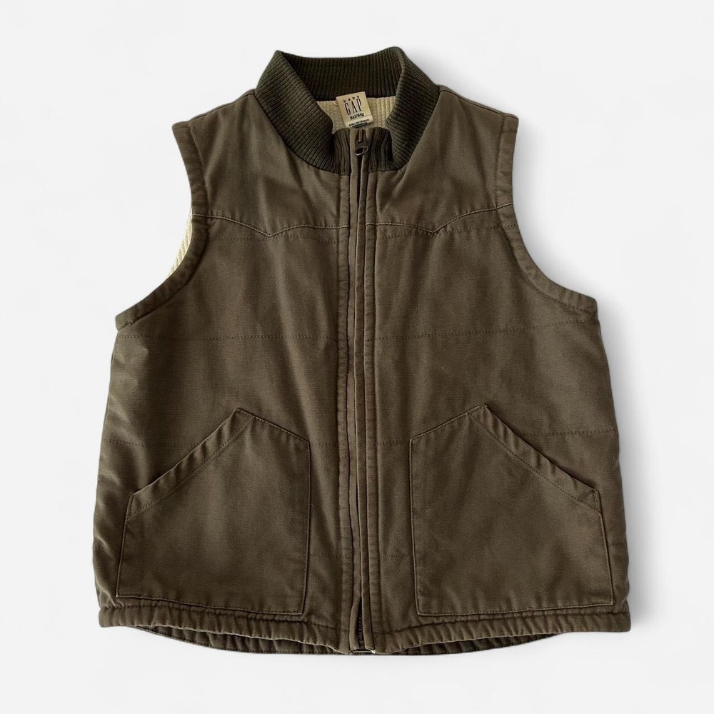 Baby Gap Olive Green Utility Canvas Zip Vest Thermal Lined - Size: 5 / 5XL